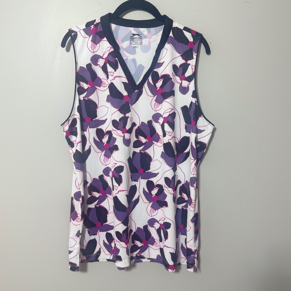 Slazenger Golf Top Women XXL White Purple Floral Sleeveless V-Neck Athletic Tank